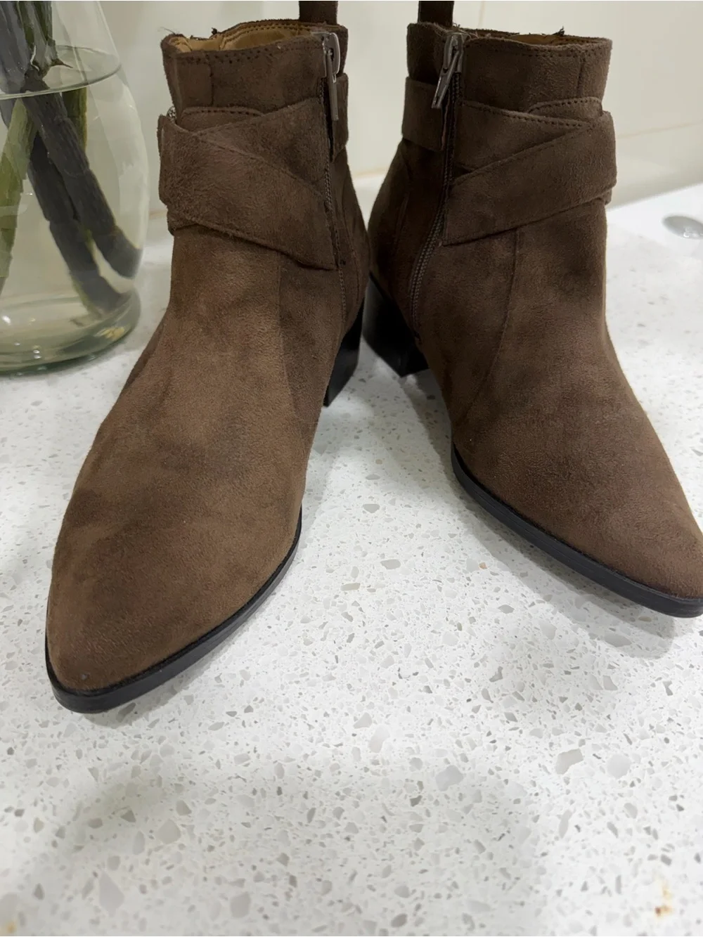 Brown Suede Ankle Booties with Decorative Buckle